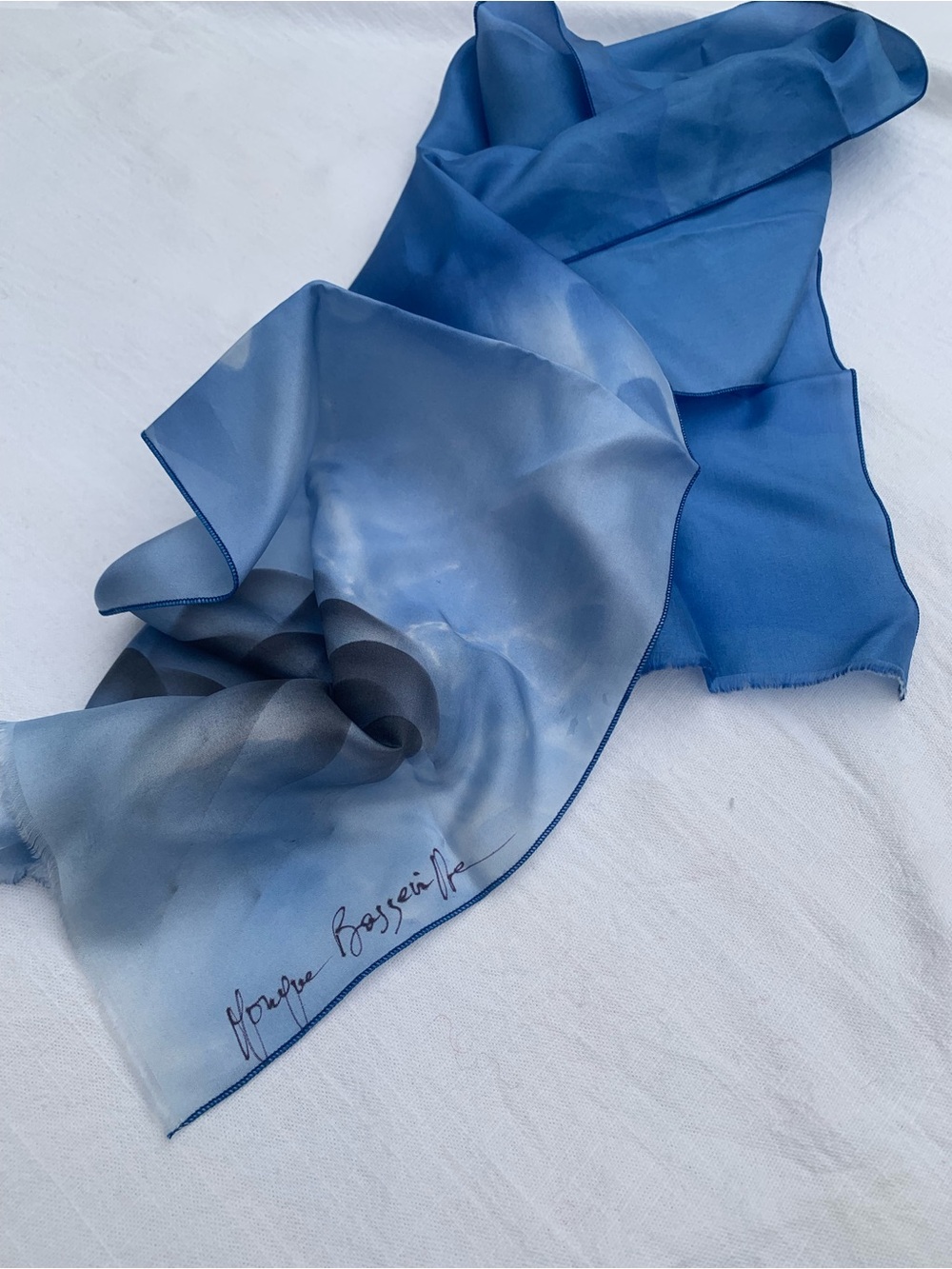 Vintage Monique Brisson Hand Painted Silk Blend Scarf Blue Grey Watercolor Oblon